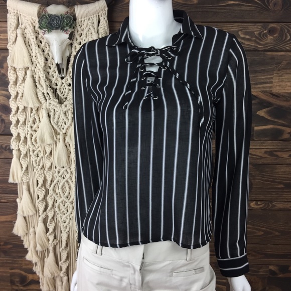 Paper Crane | Striped Lace Up Sheer‎ Blouse Black White - Picture 3 of 5